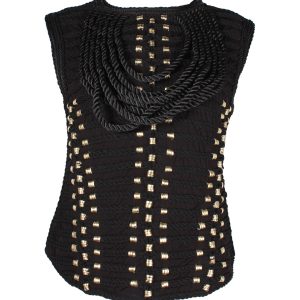 Balmain H&M Rope Trimmed Gold Ring Verzierte Bluse aus schwarzer Viskose