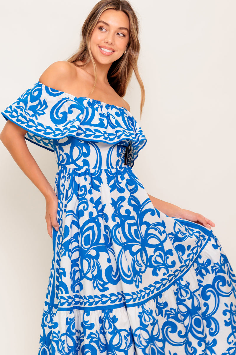 BLOOM SERENADE Blau gewebt MIDI Kleid