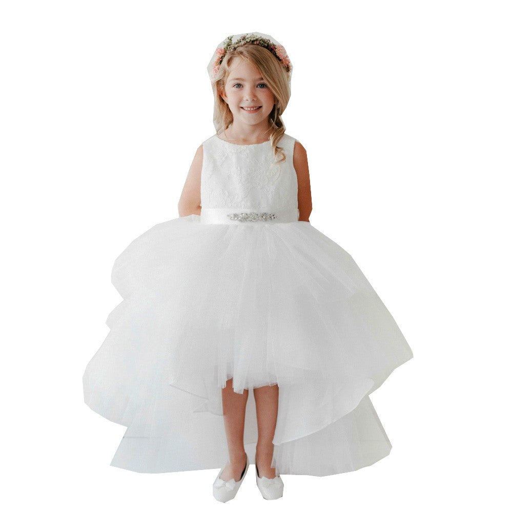 Blumenmädchenkleid für kleine Mädchen, weißes Spitzenmieder, Perlenschärpe, Hi-Low-Blumenmädchenkleid, Größe 2–6