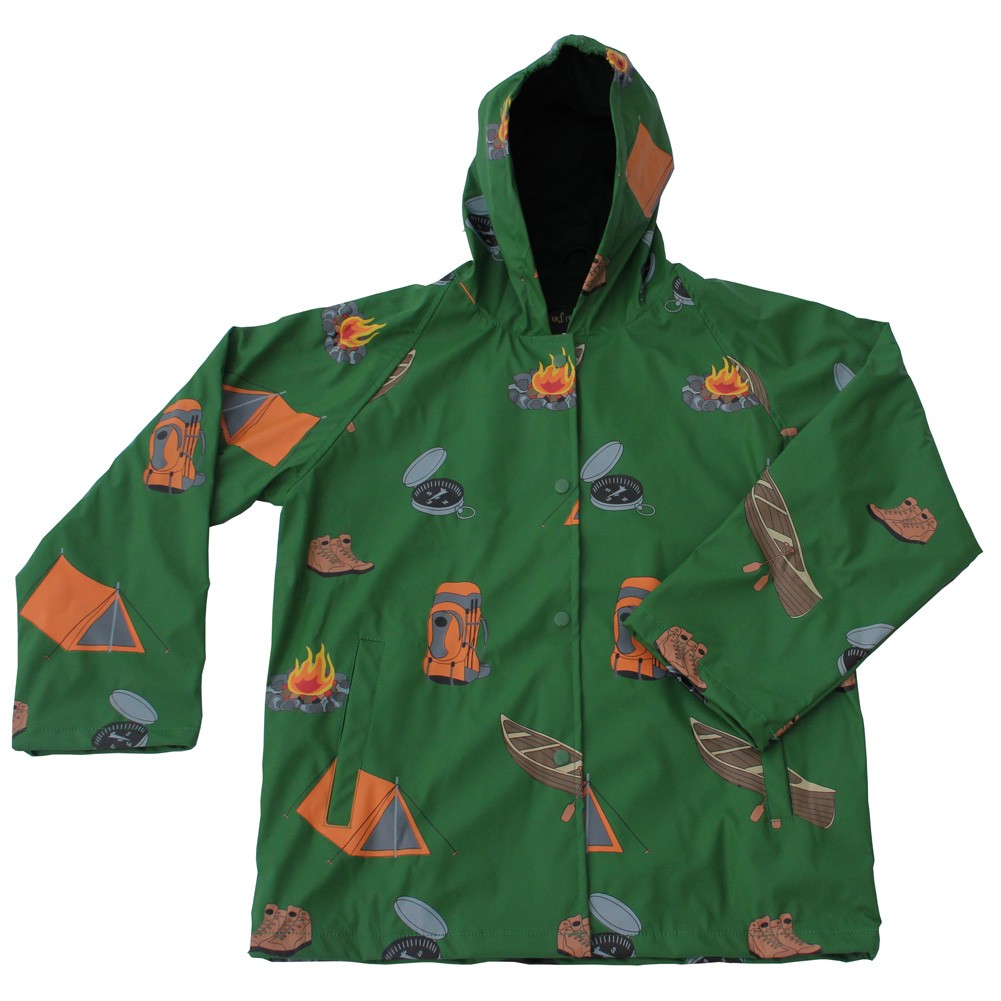 Grün-grauer, gefütterter Regenmantel mit Camping-Aufdruck für kleine Jungen, 1T-6