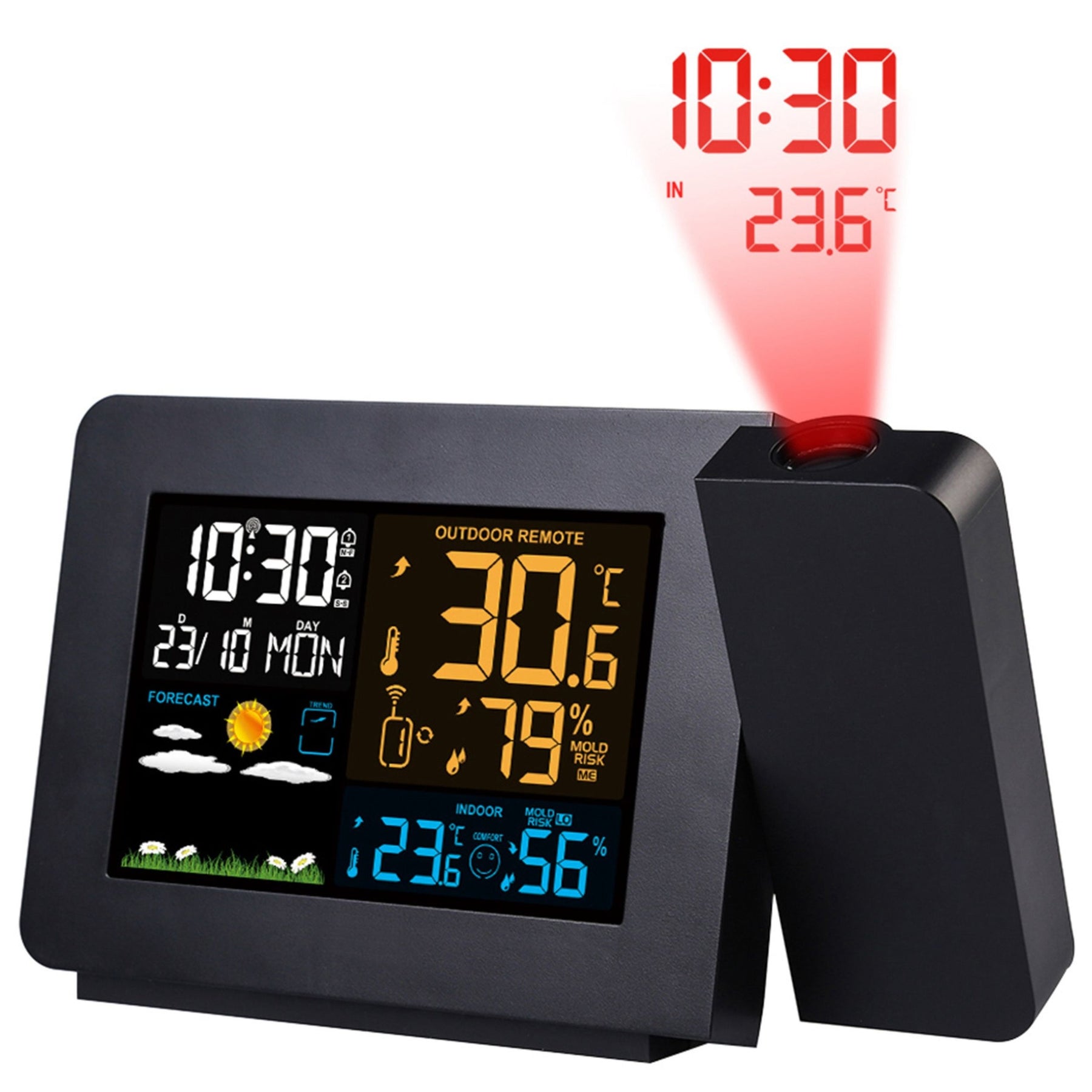 Drahtlose Wetterstation mit Atomprojektionswecker, Dual-Alarm und Outdoor-Sensor