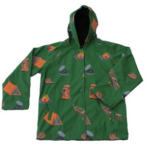Grün-grauer, gefütterter Regenmantel mit Camping-Aufdruck für große Jungen, 8–10