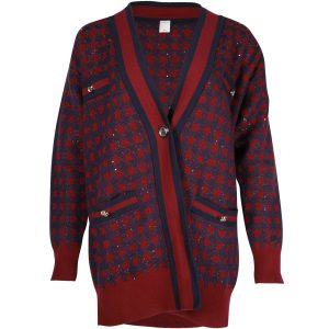 Sandro Paris Margot Check Sequin Oversized Strickjacke aus Maronen und Marine-Baumwolle-Mix 7748651712572