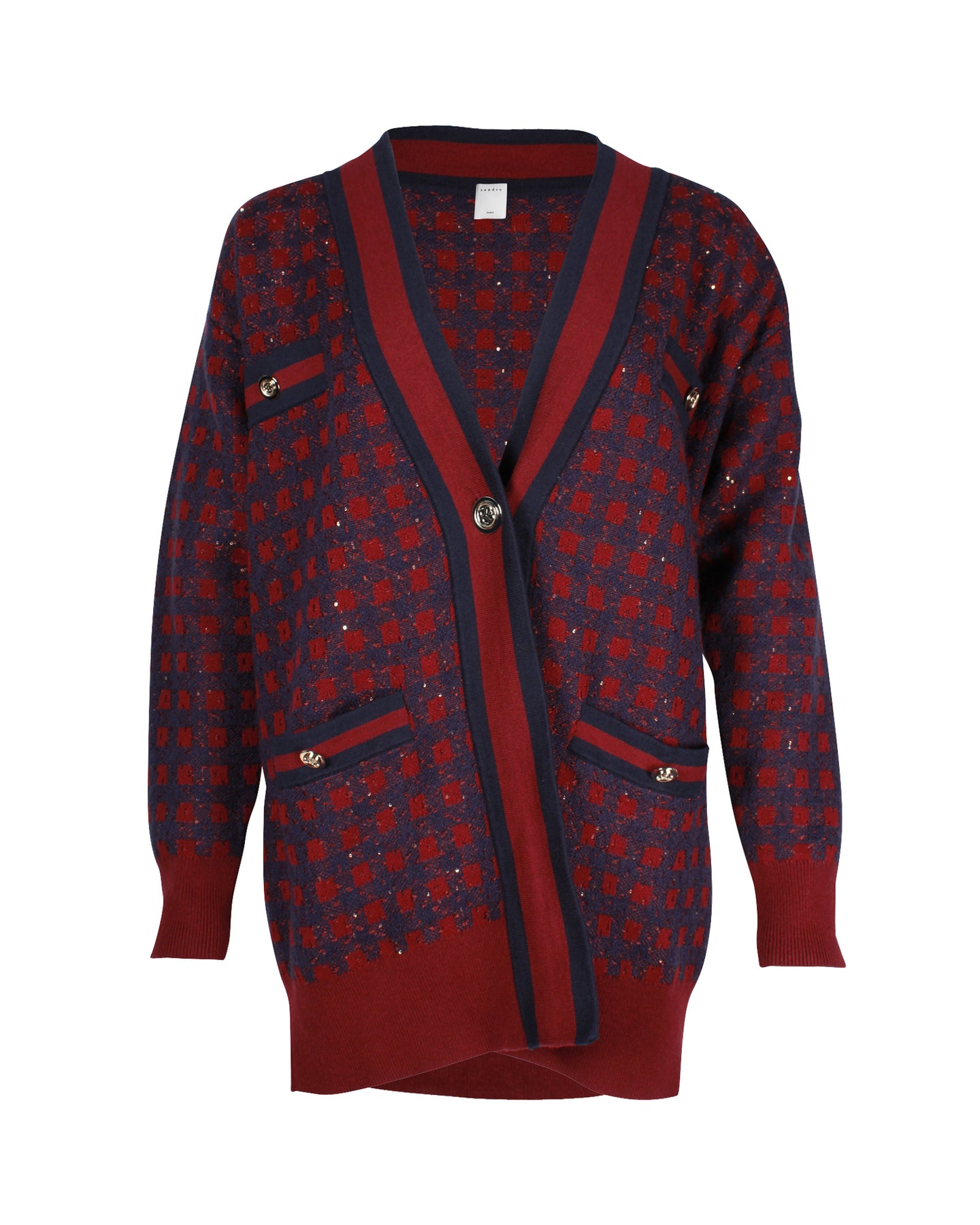 Sandro Paris Margot Check Strickjacke mit Pailletten-Übergröße in Weinrot und Dunkelblau Baumwolle Blend