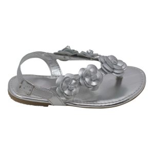 Mädchen-Tanga-Sandalen mit silberner Blumen- und Blütenakzent-Schnalle, 7–10 Kleinkinder
