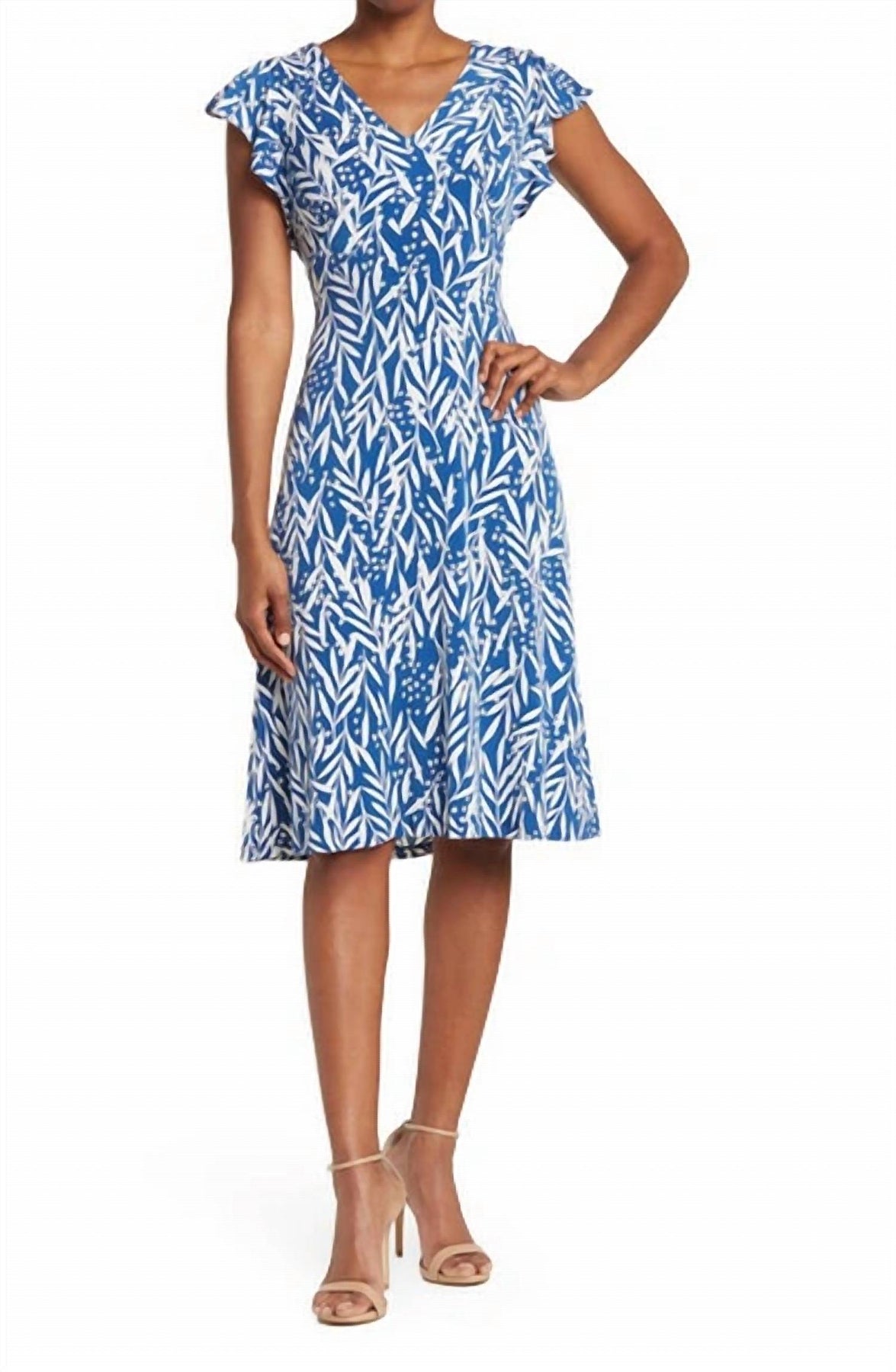Gabrielle Leaf Muster Kleid in Denim Blau/Weich Weiß