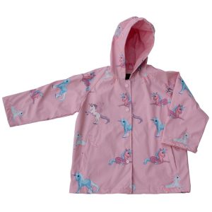 Rosa-blauer Einhorn-Druck mit Kapuze und gefüttertem Regenmantel für große Mädchen, 8–10