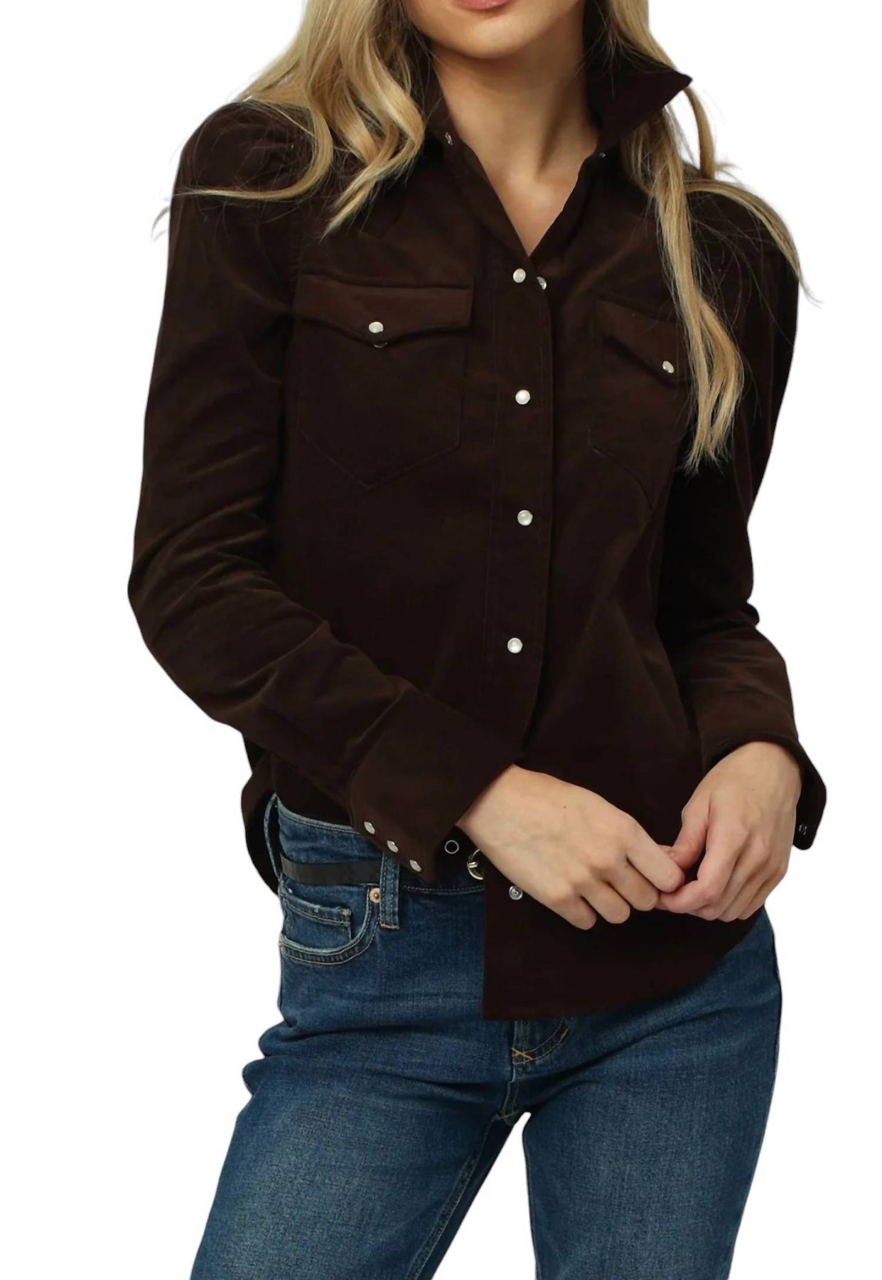 Baby Cord Puff Schulter Denim Top in Braun
