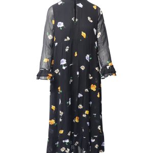 Ganni The Kate Tiered Midikleid in schwarz bedruckter Viskose