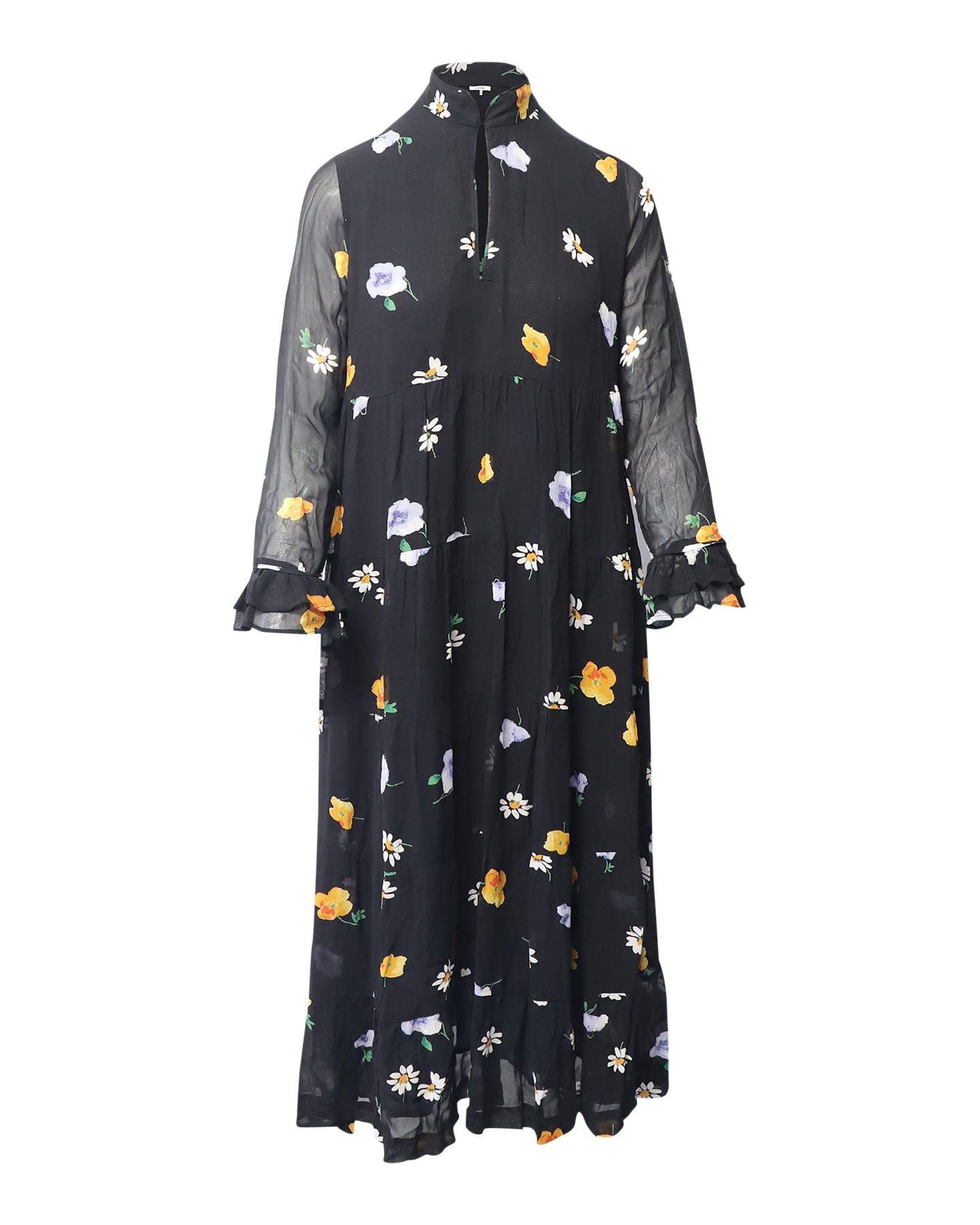 Ganni Das Kate Tiered Midi-Kleid aus schwarzer bedruckter Viskose