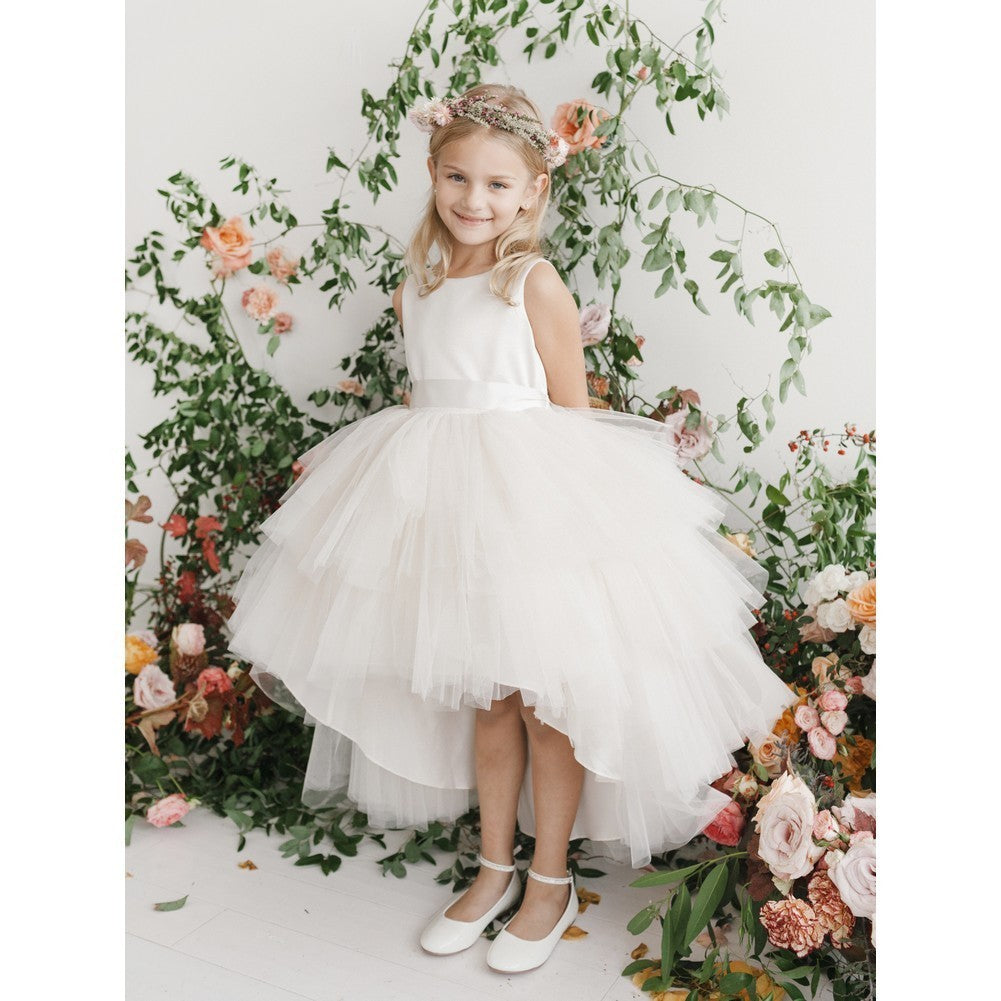 Champagnerfarbenes Hi-Low-Tutu-Kleid für Junior-Brautjungfer mit mehrstufigen Rüschen, Größe 8–16