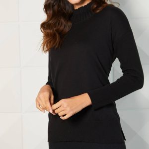 Braided Mock Neck gerippte Ärmel oben in schwarz