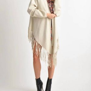 Angel Langarm-Strickjacke mit Fransen Saum in Beige