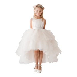 Elfenbeinfarbenes Hi-Low-Tutu-Blumenmädchenkleid mit mehrstufigen Rüschen für kleine Mädchen, Größe 2–6