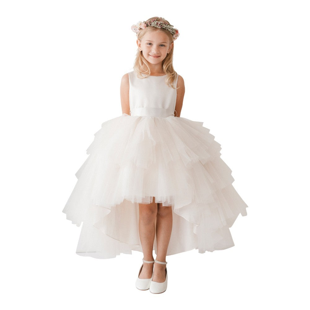 Elfenbeinfarbenes Hi-Low-Tutu-Blumenmädchenkleid mit mehrstufigen Rüschen für kleine Mädchen, Größe 2–6
