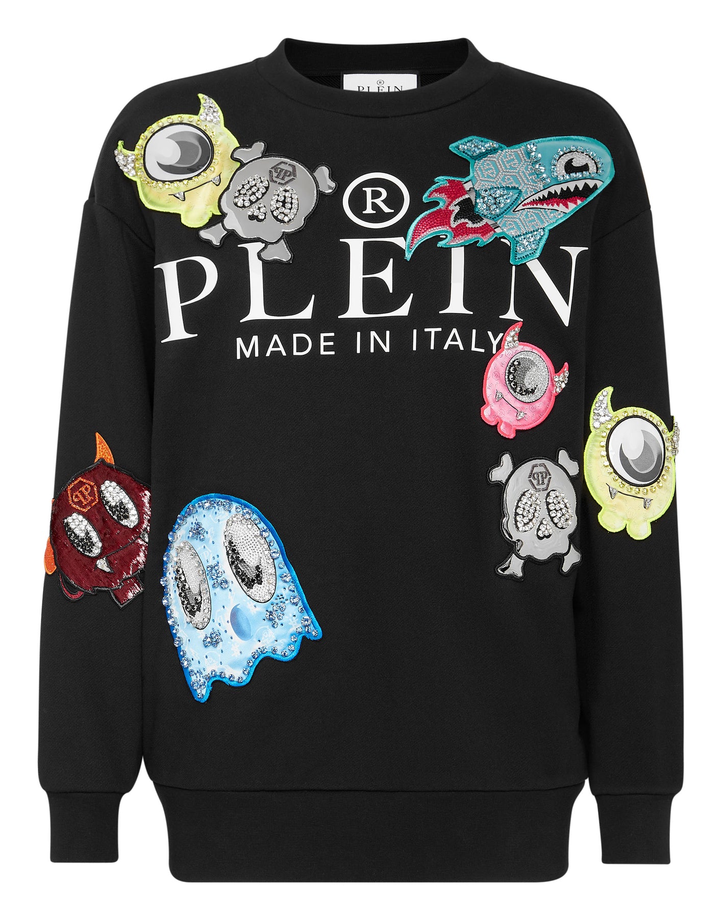 Roundneck Pullover Monster mit Kristallen