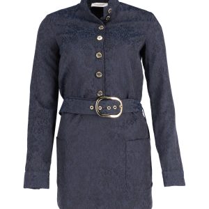 Balmain Belted Jacquard Kleid mit goldfarbenem Knopf in Marineblau Polyester