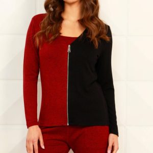 Color Block V-Ausschnitt zip Strickjacke in schwarz/wein