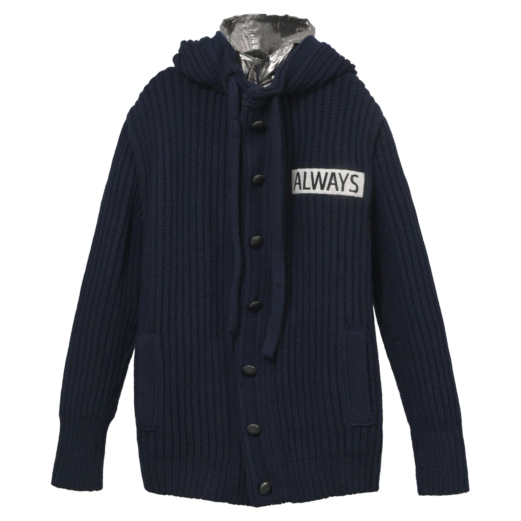 Valentino Garavani All Ways Strickjacke mit metallischer Kapuze in blauer Wolle