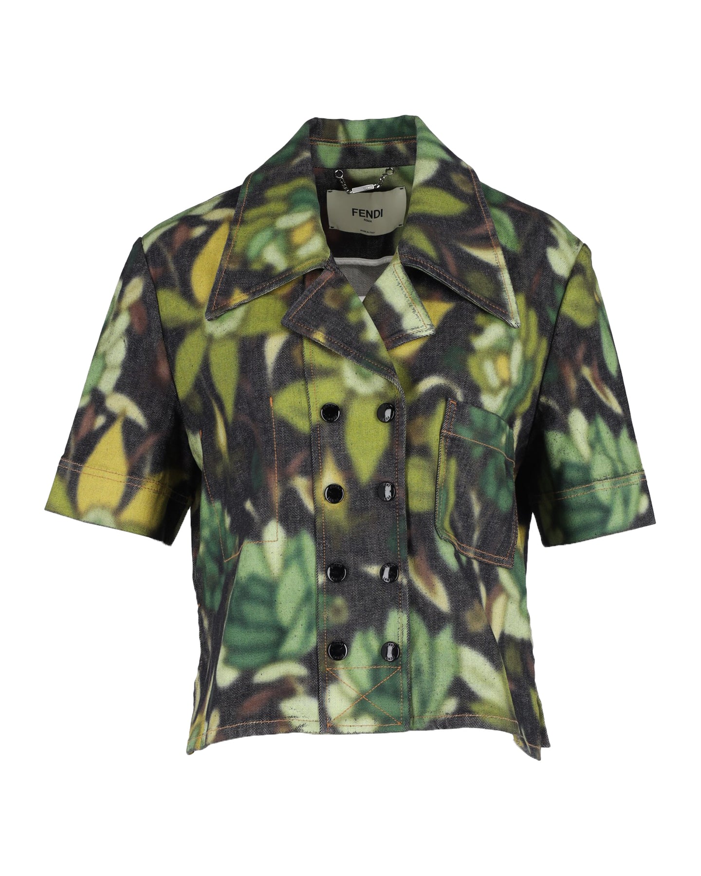 Fendi Kurzarm-Jacke mit Blumen-Knöpfen aus grüner Baumwolle