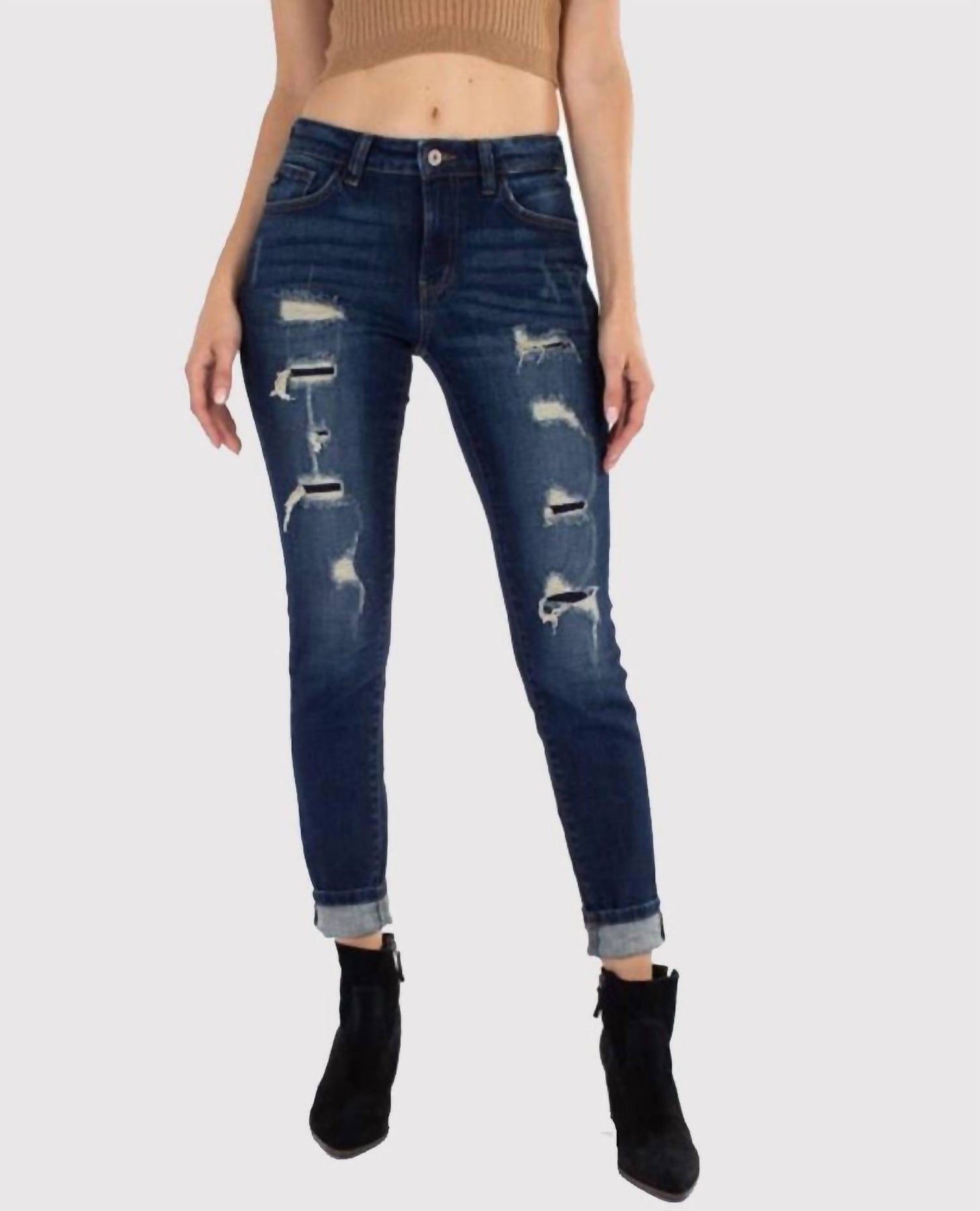 Mittlerer Bund Distressed Knöchel Skinny Jean in dunkler Waschung