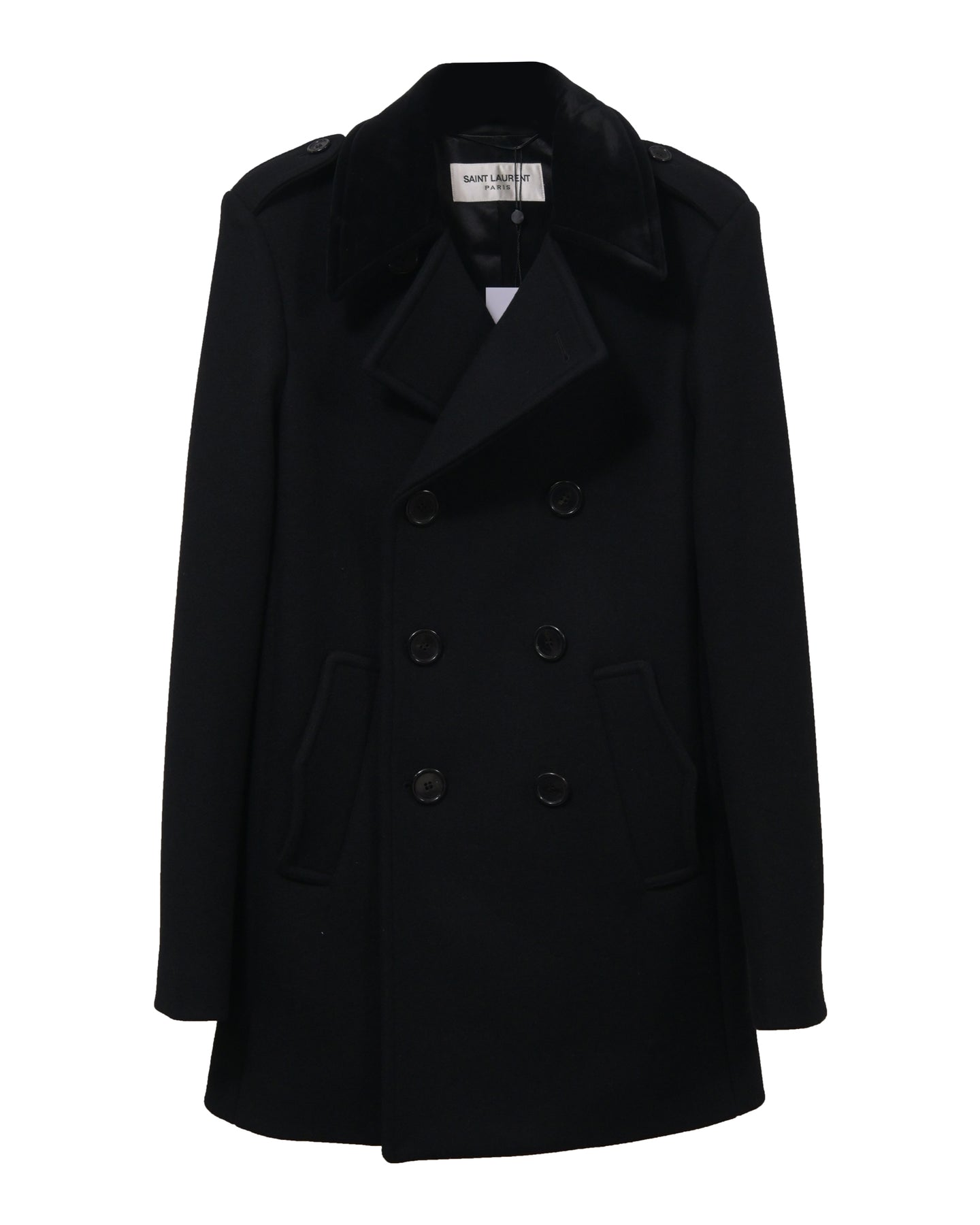 Saint Laurent Zweireihiger kurzer Mantel aus schwarzer Wolle