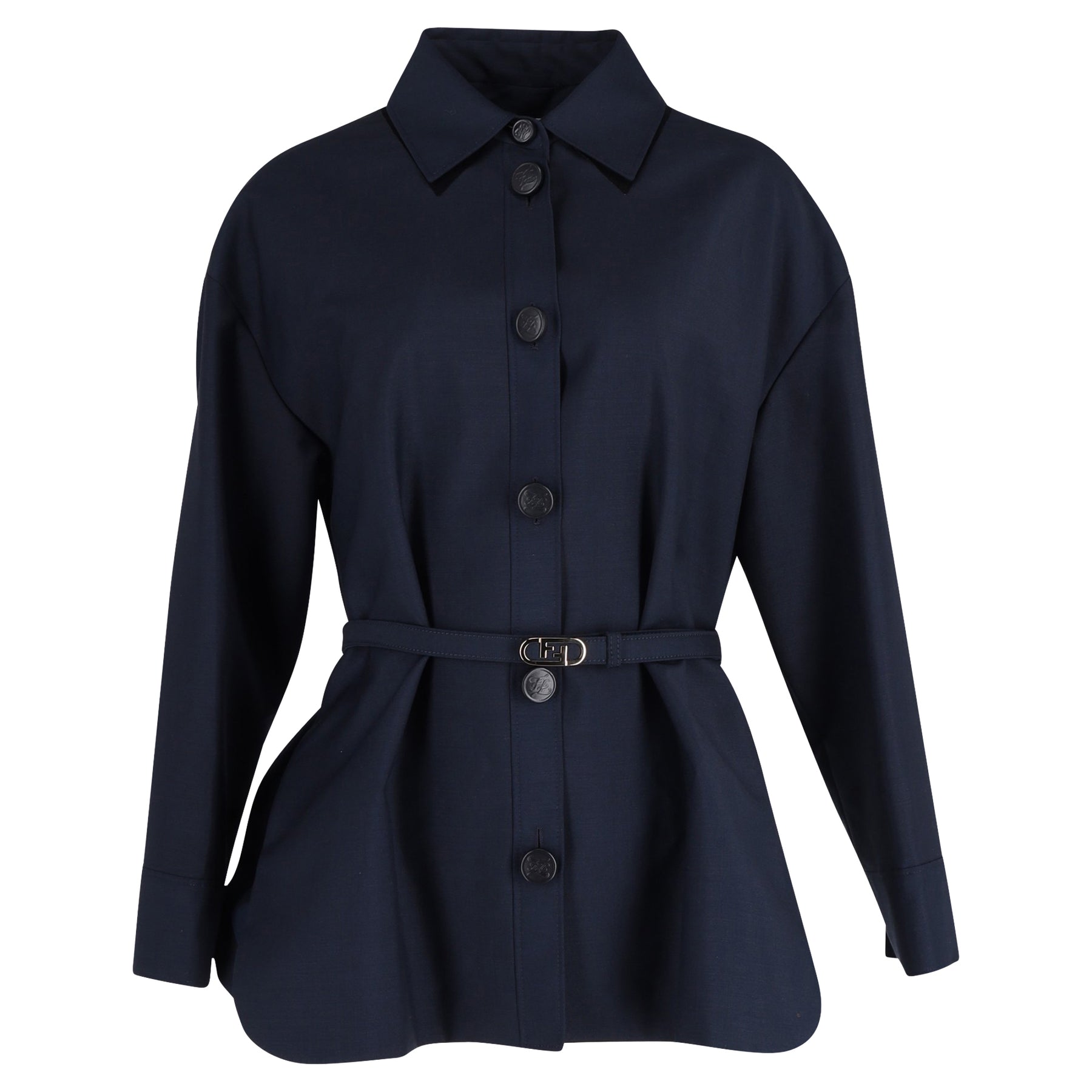 Fendi Gewebte Oversize-Jacke mit FF-Gürtel in Marineblauer Wolle