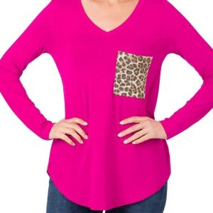 Vneck Leopard Pocket Langarm-Oberteil in Magenta