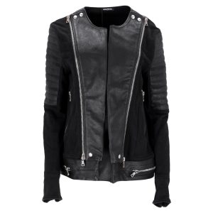 Balmain Kragenloses Sweatshirt Bikerjacke aus schwarzem Leder und Baumwolle