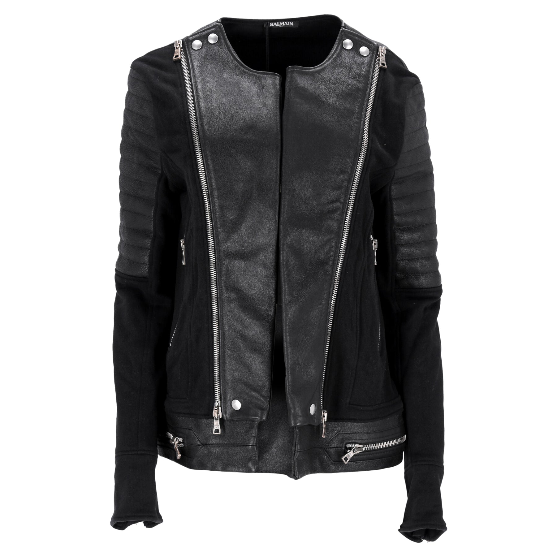 Balmain Kragenloses Sweatshirt Bikerjacke aus schwarzem Leder und Baumwolle