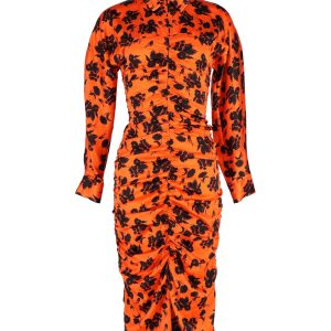 Ganni geraffte Blumen-Print Midikleid aus orange Seide 7748677173308