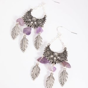 Antike Silber Fan Drop Ohrringe mit Amethyst