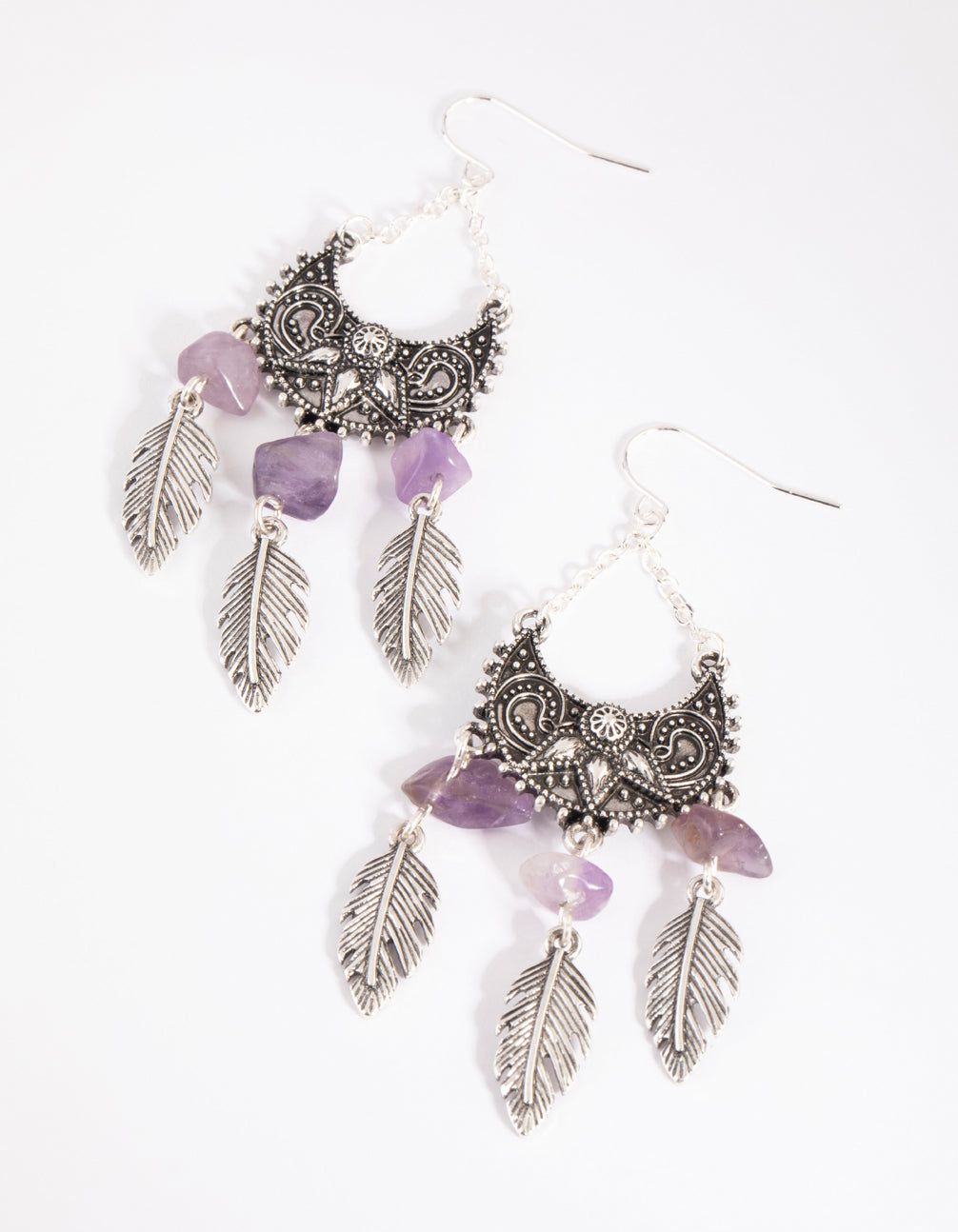 Antike Silber Fan Drop Ohrringe mit Amethyst