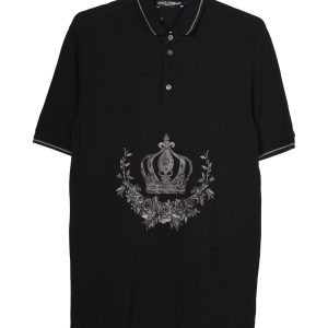 Dolce & Gabbana Pique gesticktes Krone Polo T-Shirt aus schwarzer Baumwolle 7748674289724
