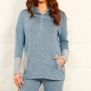 Button gerippter Kapuzenpullover mit Tasche in Wind/Tin