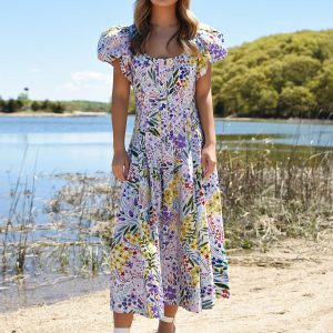 lila Garten Schaufel Hals Baumwolle Midikleid
