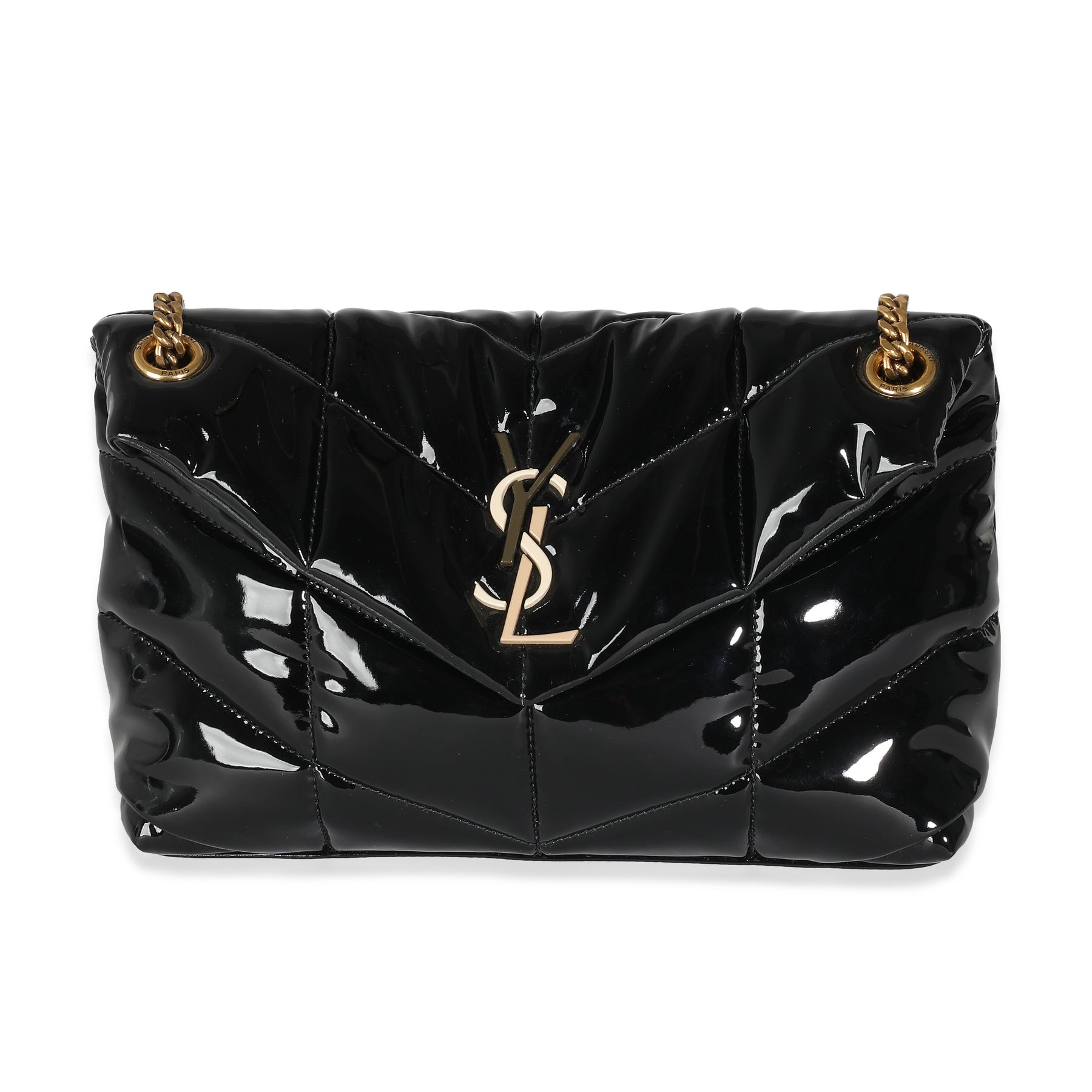 Saint Laurent Schwarze gesteppte Patent kleine Lou Puffer Kettentasche