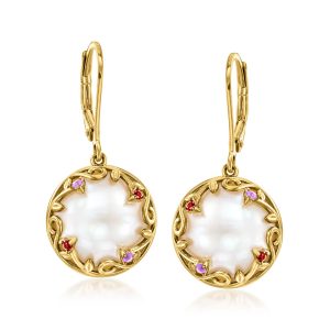 Ross-Simons 13.5-14mm Cultured Mabe Pearl Drop Ohrringe mit Amethyst und Granatakzenten in 18kt Gold über Sterling
