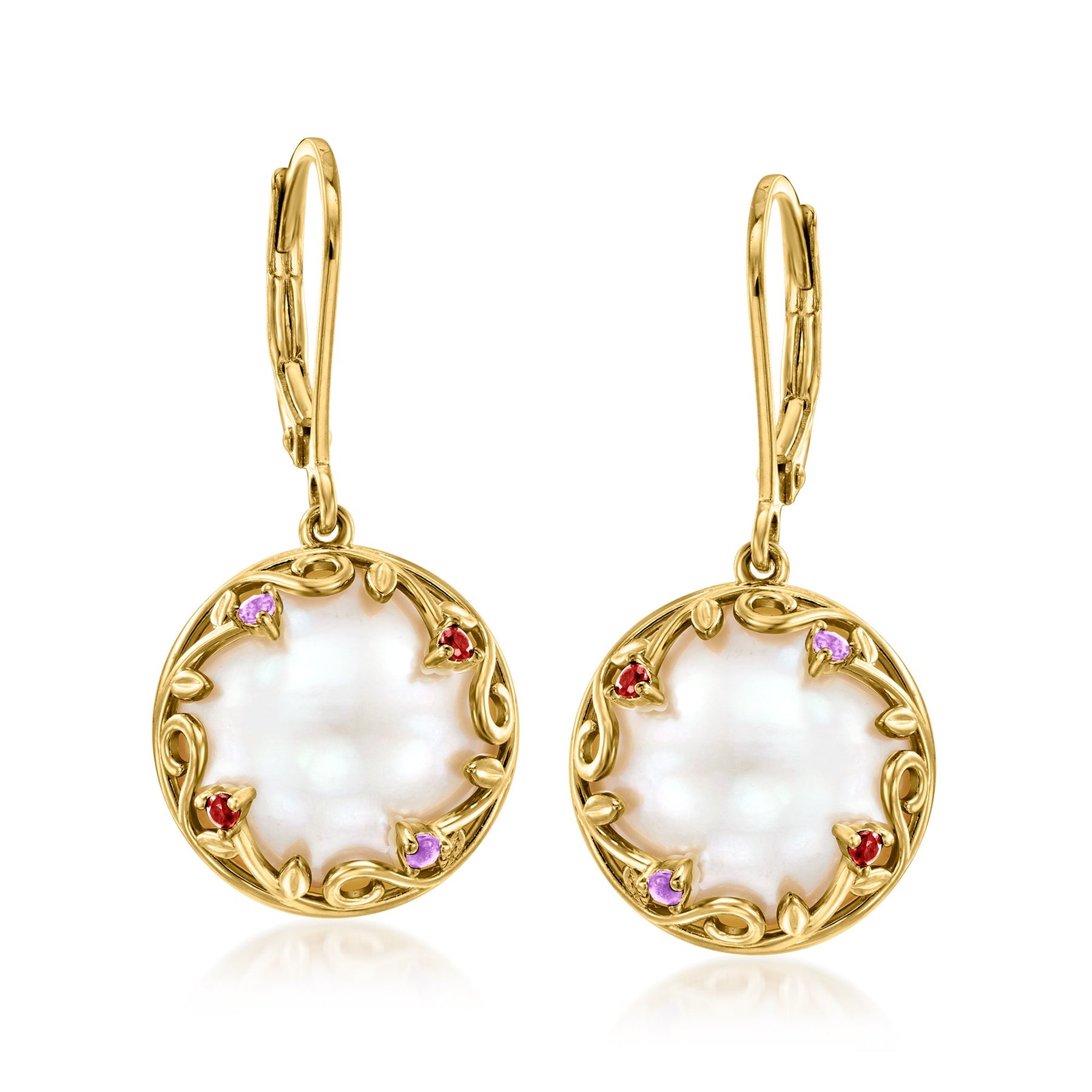 Ross-Simons 13.5-14mm kultivierte Mabe Perle Ohrringe mit Amethyst und Granat Akzente in 18kt Gold über Sterling