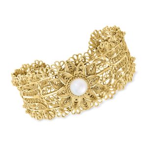 Ross-Simons Mother Of-Perle mit Blumenmuster Vintage-Stil Manschette Armband in 18kt Gold über Sterling. 7 Zoll