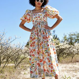 Flower Land Square Neck Baumwoll-Midikleid