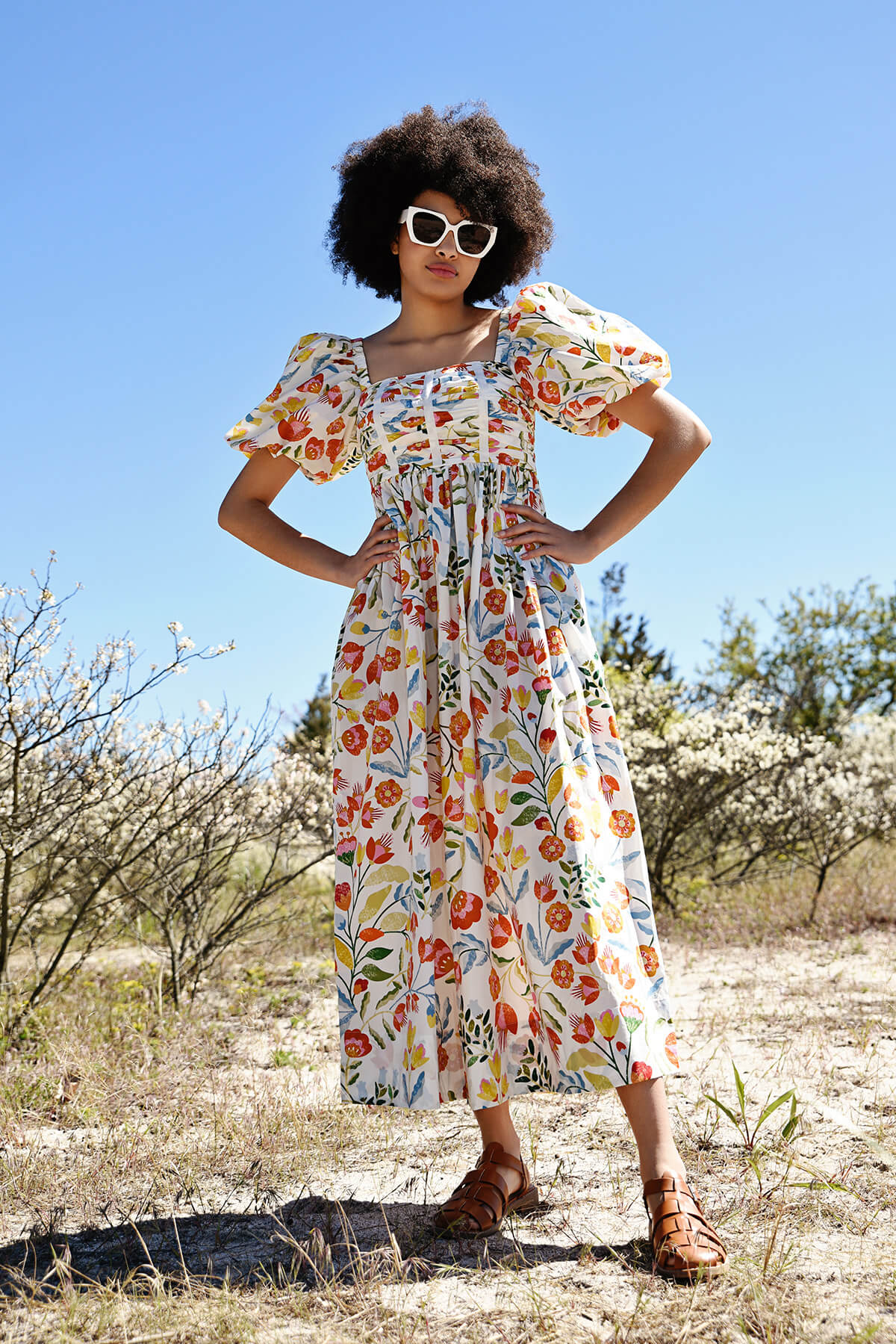 Flower Land Square Neck Baumwoll-Midikleid