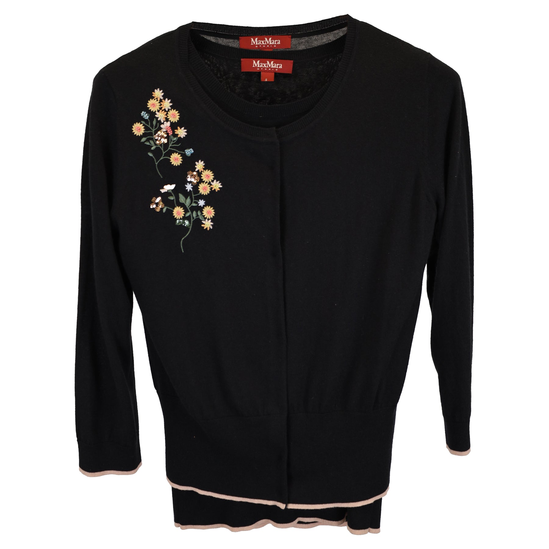 Max Mara Blume bestickt Strickjacke mit Strick Top Set in schwarzer Wolle