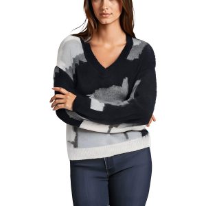 Bedruckter Strickpullover mit V-Ausschnitt