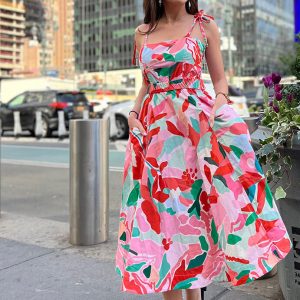 Grace Blumen-Baumwolle ärmellose Midikleid