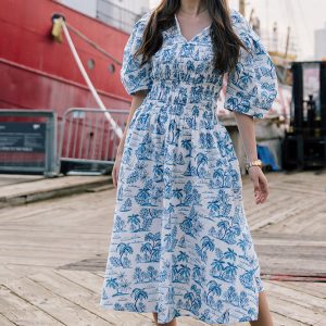 Leandra blau gesmockt V-Ausschnitt Midikleid