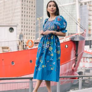 Night Flower Smocked Kleid aus Baumwolle Seide Midi