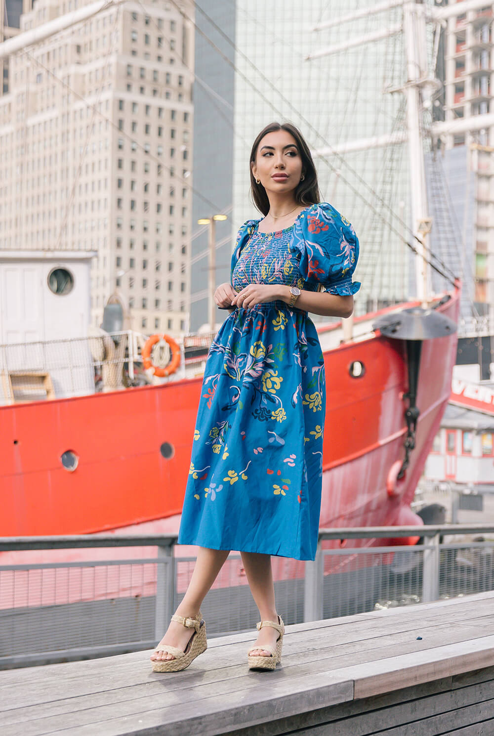 Nacht Blume smocked Baumwolle Seide Midi Kleid