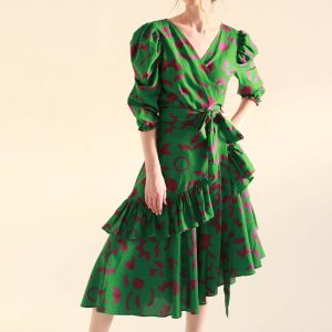 grüner Garten Baumwolle Seide Wickelkleid
