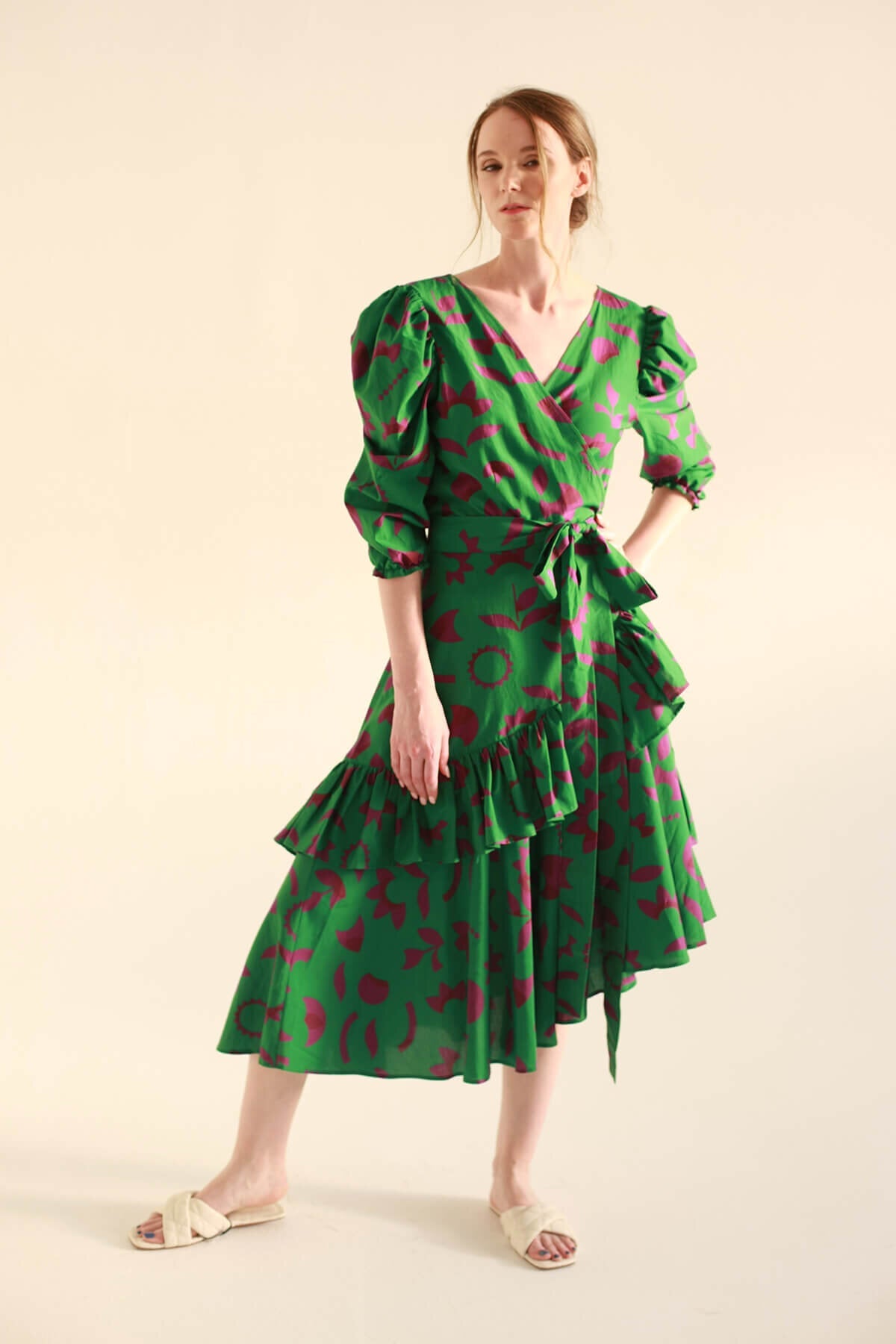 Grüne Garten Baumwolle Seidenwickel Kleid